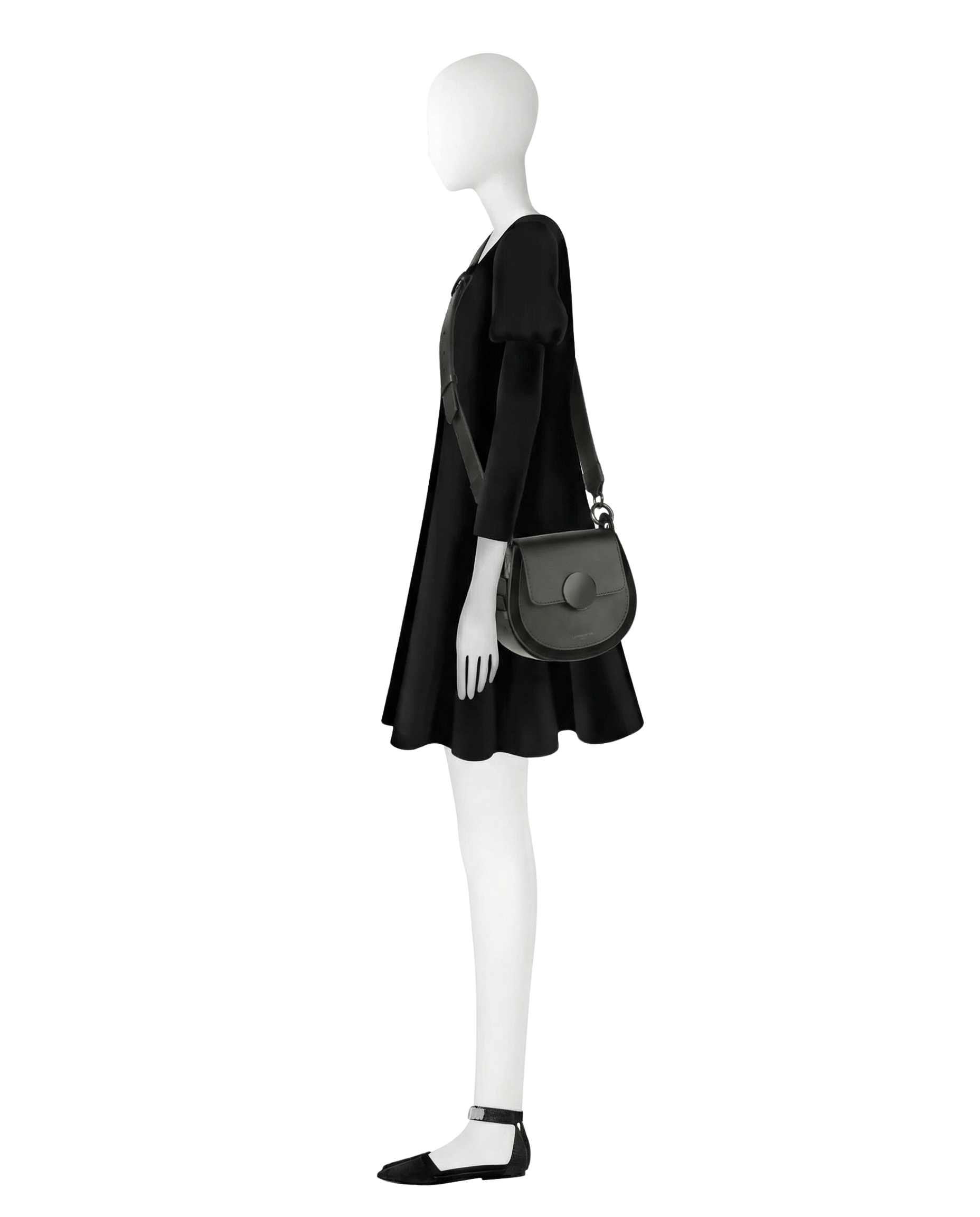 Yucca Suede and Leather Shoulder Bag in All Black by LePARMENTIER Paris, white background, shown on mannequin, adjustable strap styling