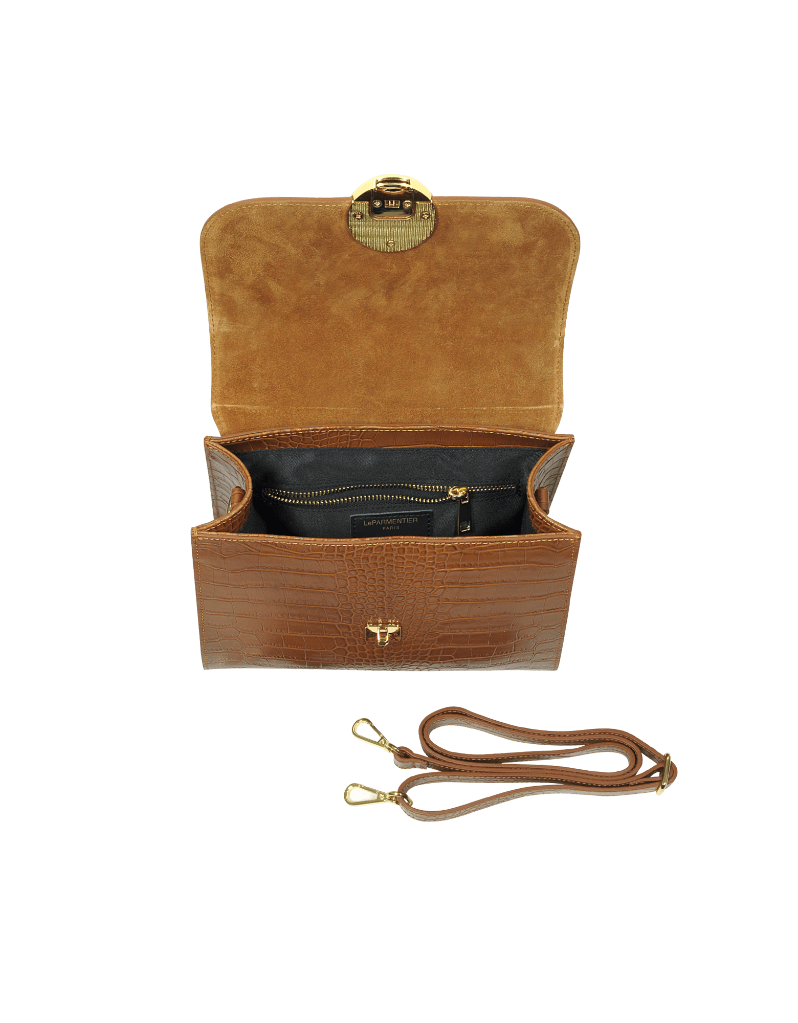 Bombo Croco Embossed Leather Top-Handle Satchel Bag w/Strap