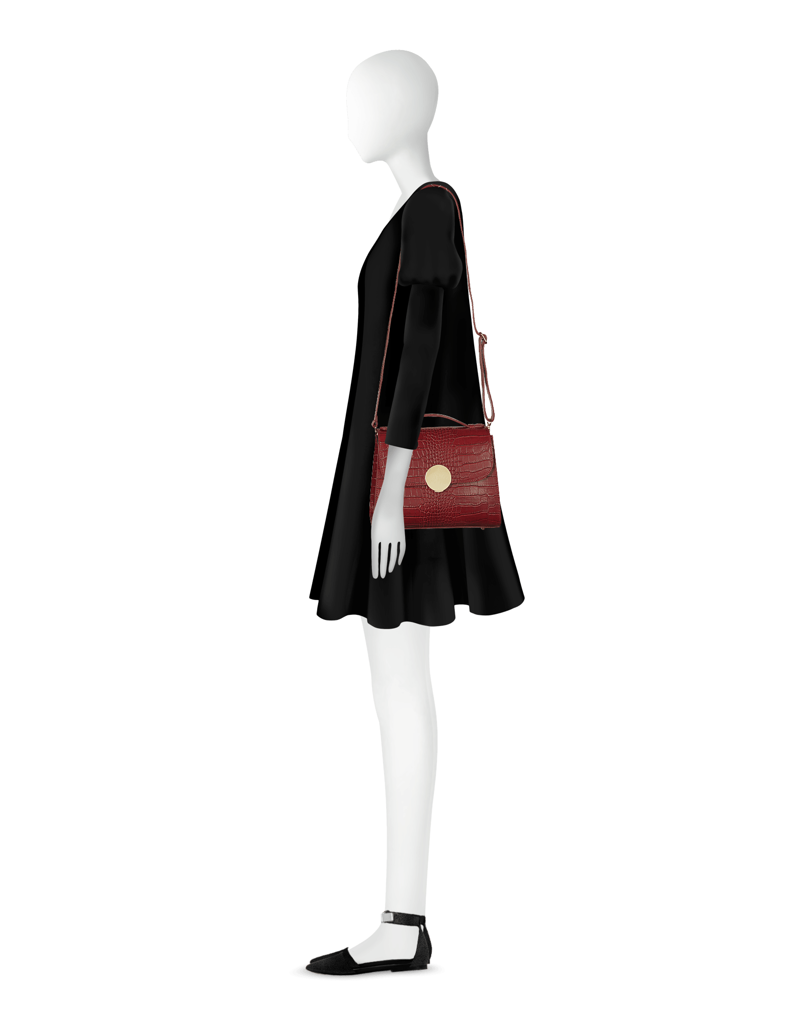 Bombo Croco Embossed Leather Top-Handle Satchel Bag w/Strap