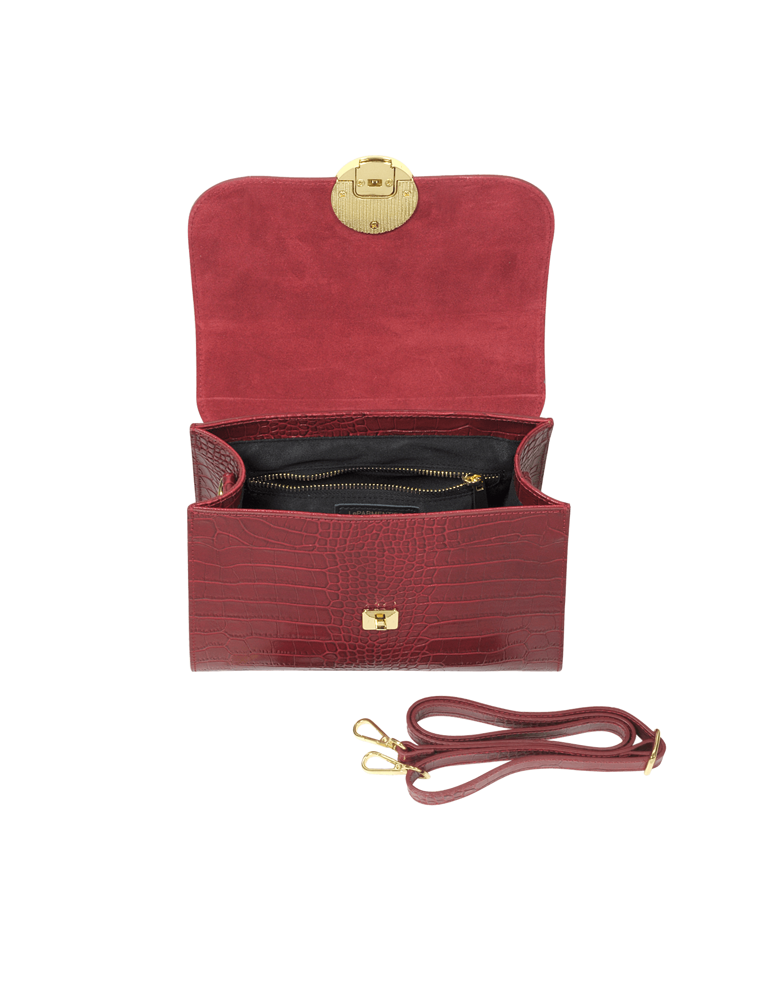 Bombo Croco Embossed Leather Top-Handle Satchel Bag w/Strap